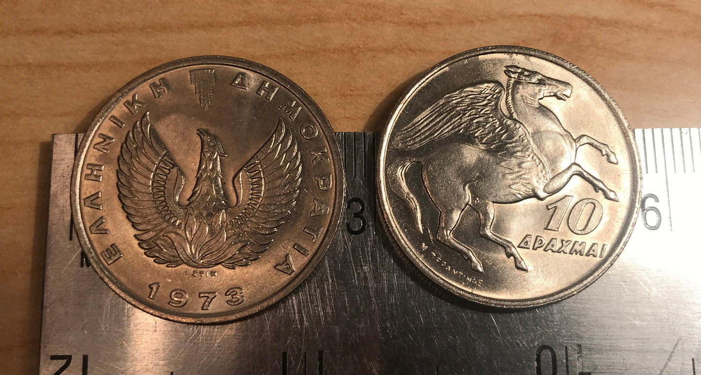 Pegasus & Phoenix 10 Drachmai Greece Coin Money Authentic for Jewelry and Craft Making
