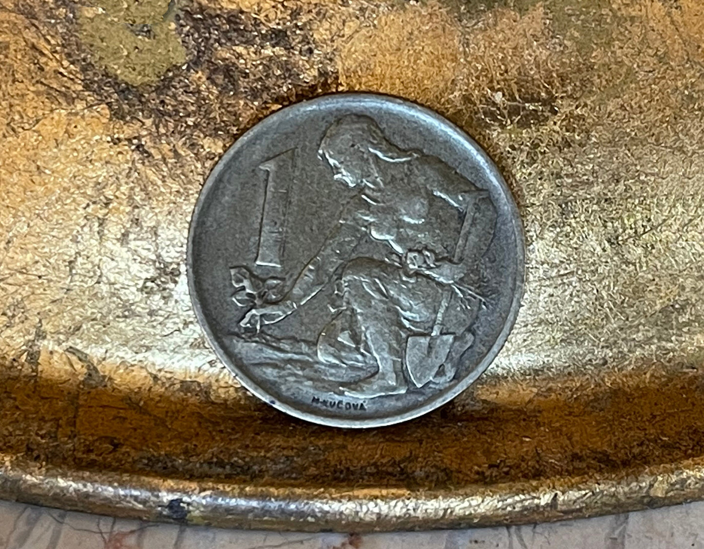 Woman Planting Linden Sprig 1 Koruna Czechoslovakia Authentic Coin Money for Jewelry and Craft Making