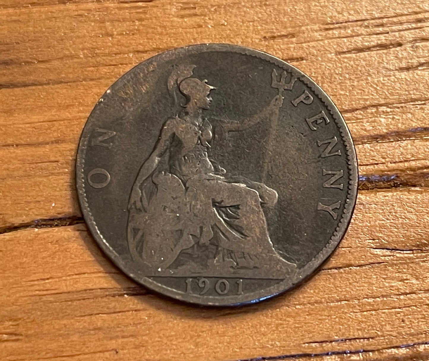 Queen Victoria (3rd Portrait) & Britannia Great Britain 1 Penny Authentic Coin Money Cent for Jewelry -- Condition is Only FAIR