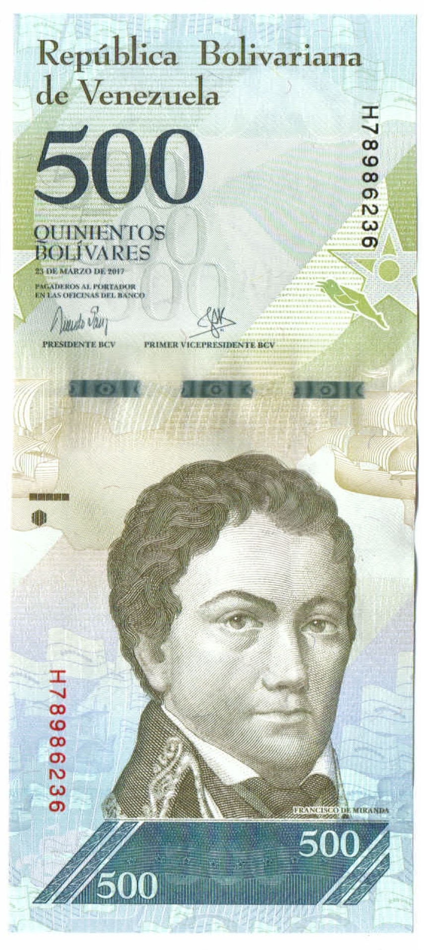 Amazon River Dolphins 500 Bolivares Venezuela Authentic Banknote for Craft Making (Francisco de Miranda)
