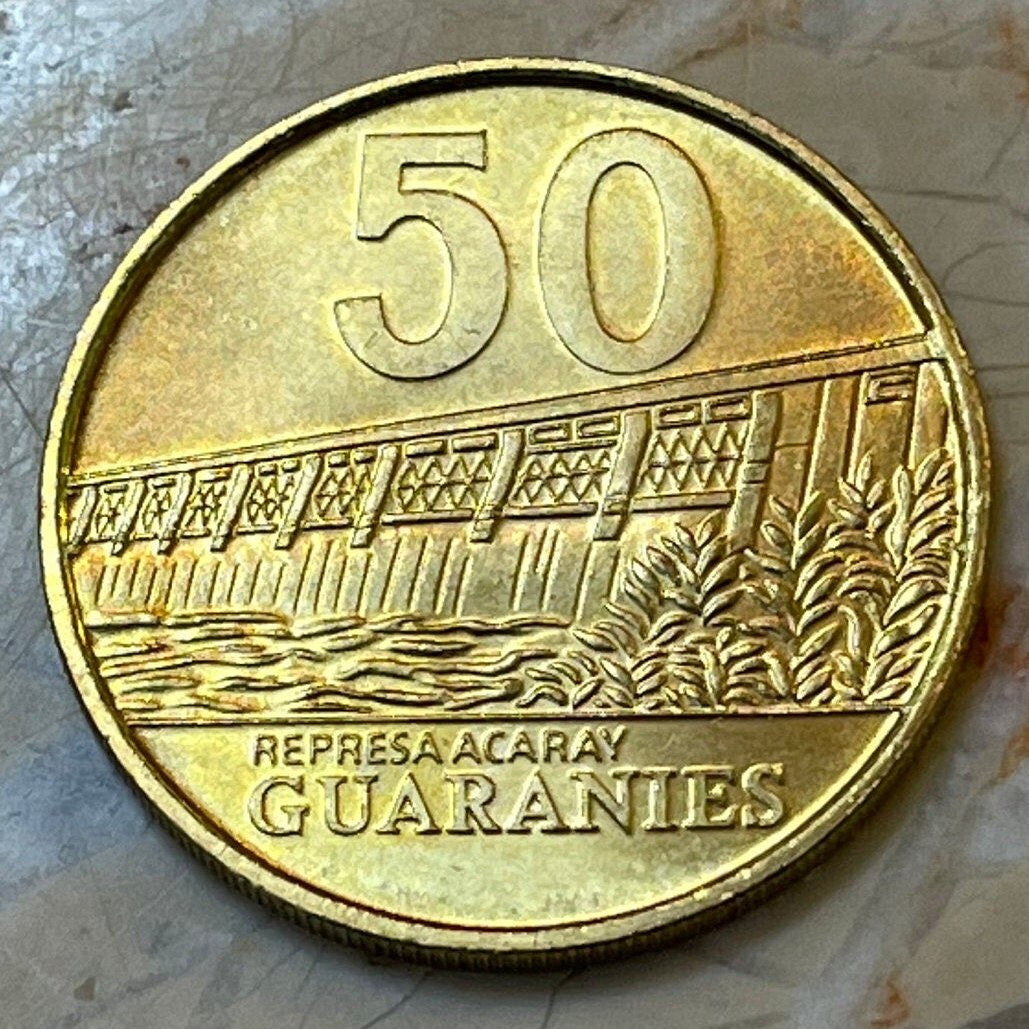 Marshal Estigarribia 50 Guaranies Paraguay Authentic Coin Money for Jewelry and Craft Making (Acaray River Dam)
