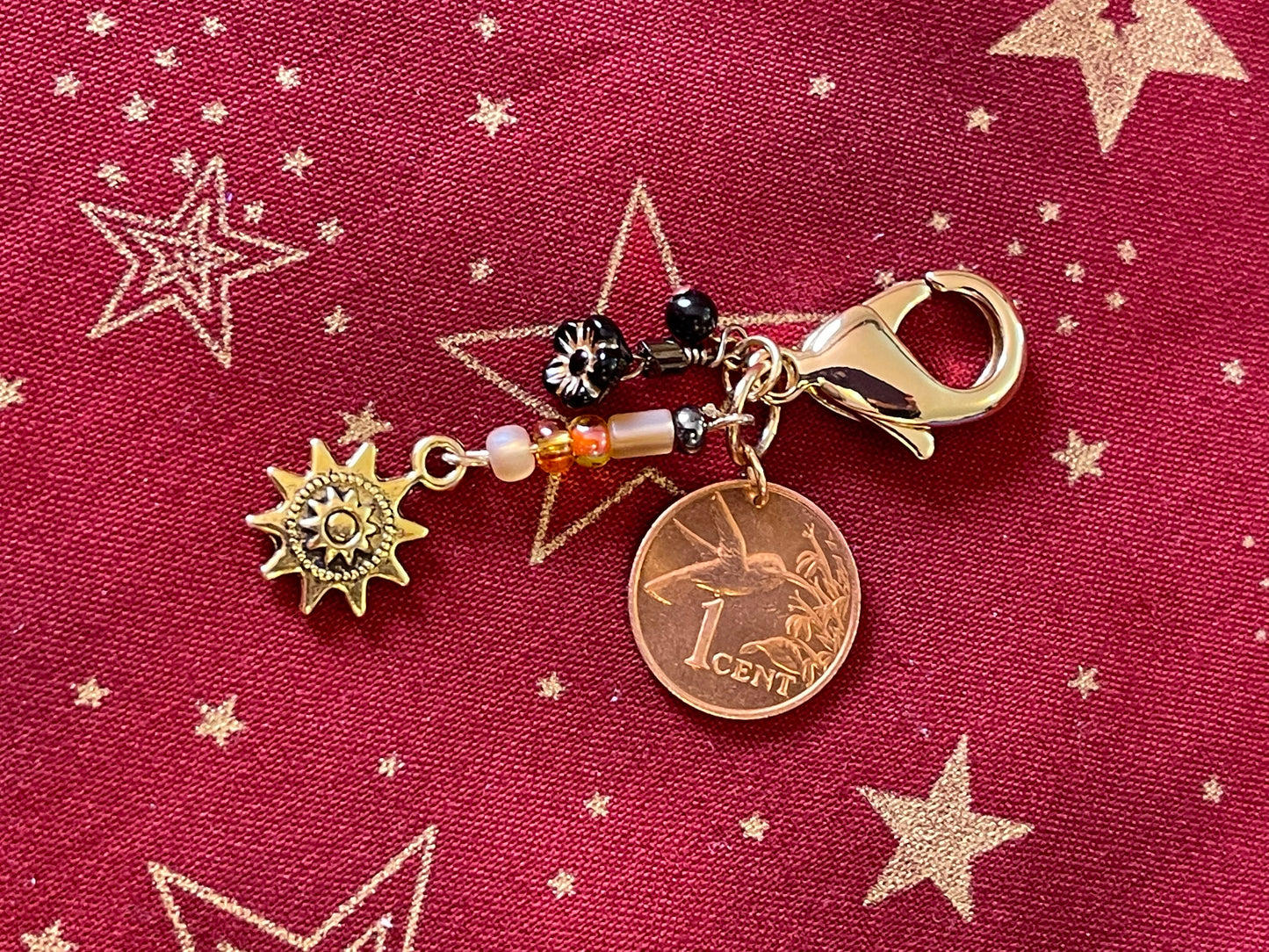 Hummingbird coin gold plated chunky accessory clip–flower and sun charm–purse or zipper–vintage Japanese glass dangle drops–designer jewelry