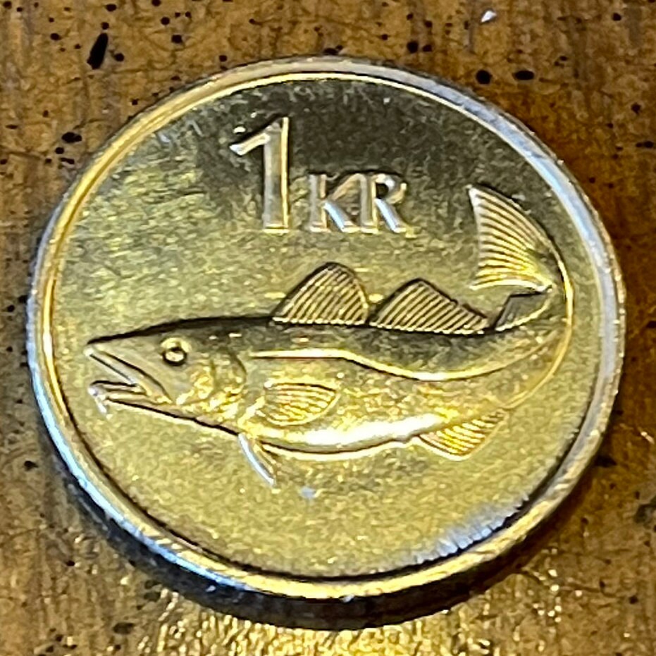 Cod Fish & Giant Bergrisi 1 Krona Iceland Authentic Coin Money for Jewelry and Craft Making