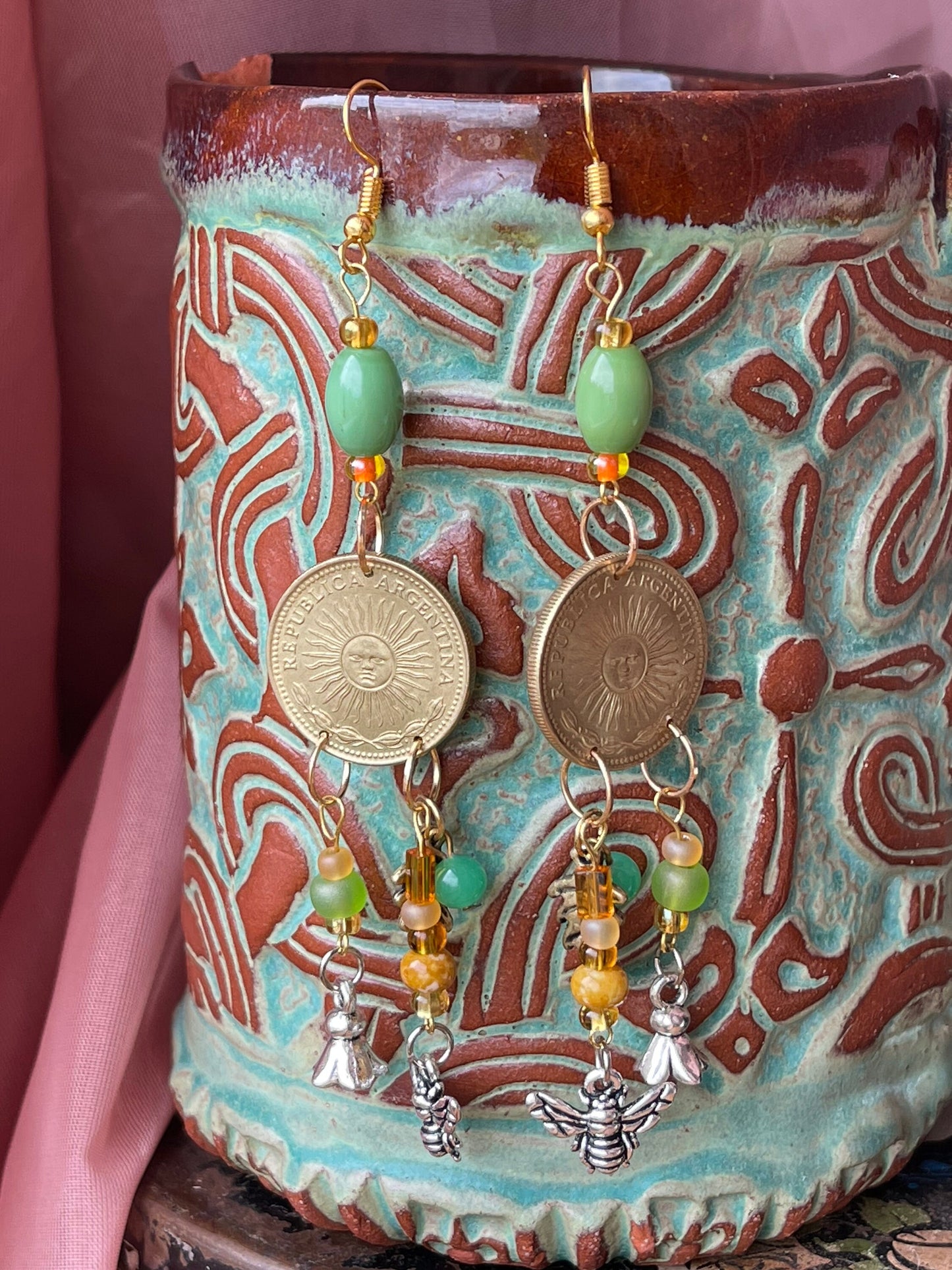 Bee & sun long dangle earrings–Gold, silver plated designer jewelry–realistic bee flower coin charms–vintage glass beads–green, gold, orange