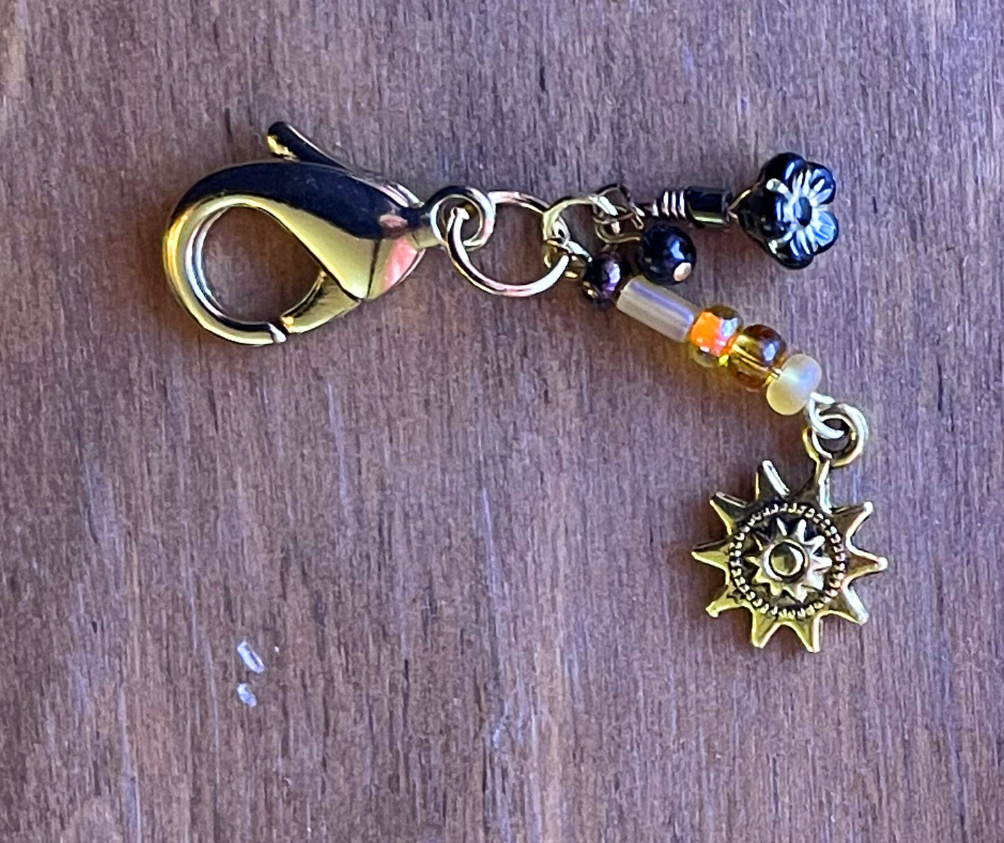 Sun charm gold tone pendant - antique golden charm - boho fashion brass compass - steampunk style - double sided -beaded drop - choose color