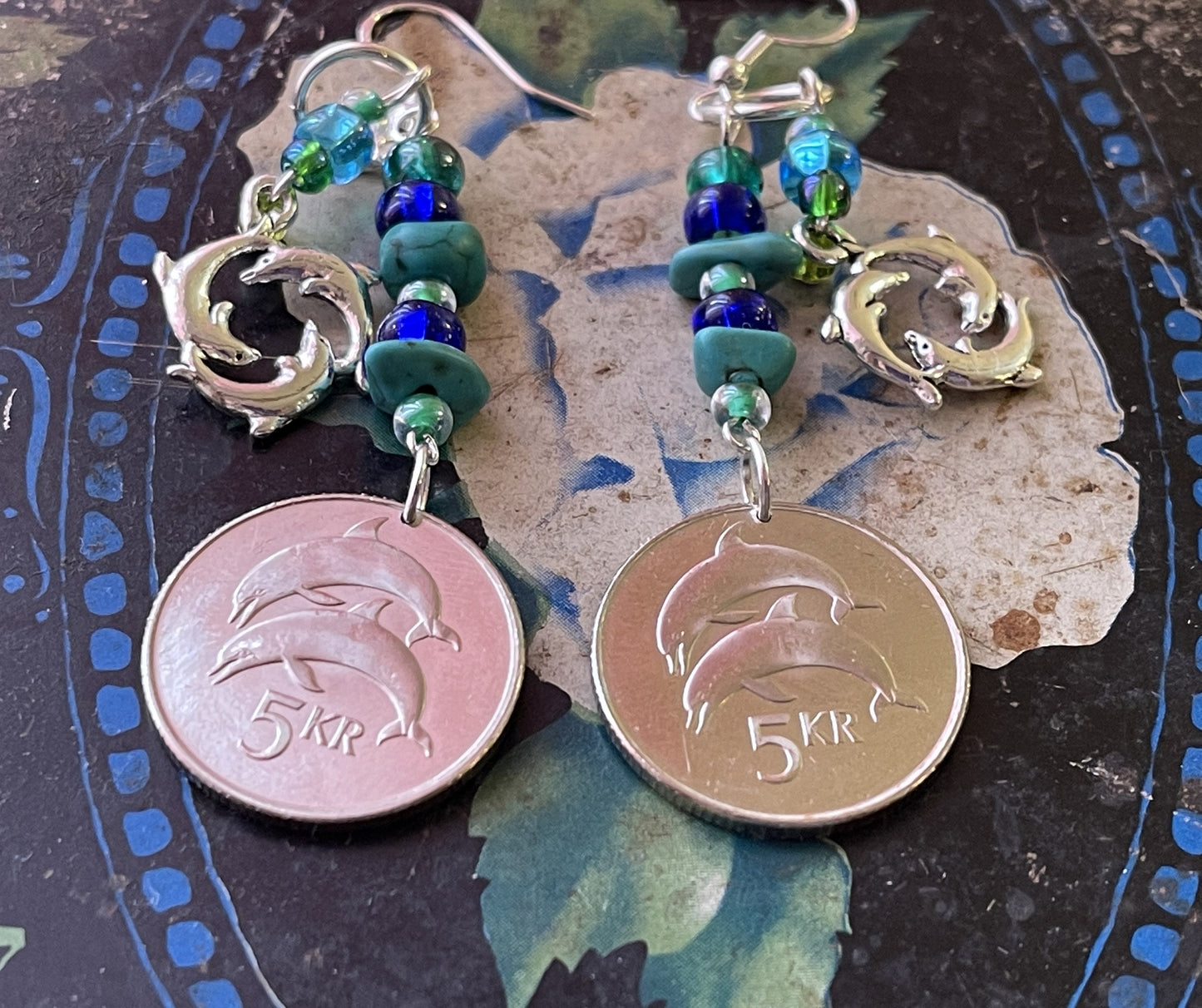 Dolphin coins dangle earrings - Earth Day Sterling Silver plated designer jewelry - Three dolphins sea life charm - blue glass turquoise gem