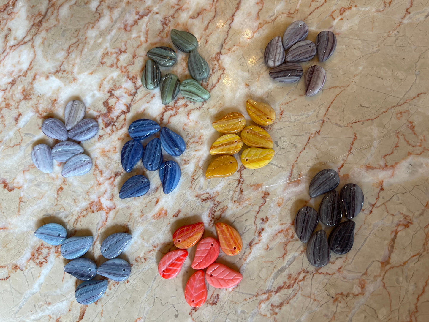 Czech glass leaf drops (choose your color, lot of 6, or 8 assorted pink, green, blue, yellow+) handmade marbled glass leaves (bead charm)