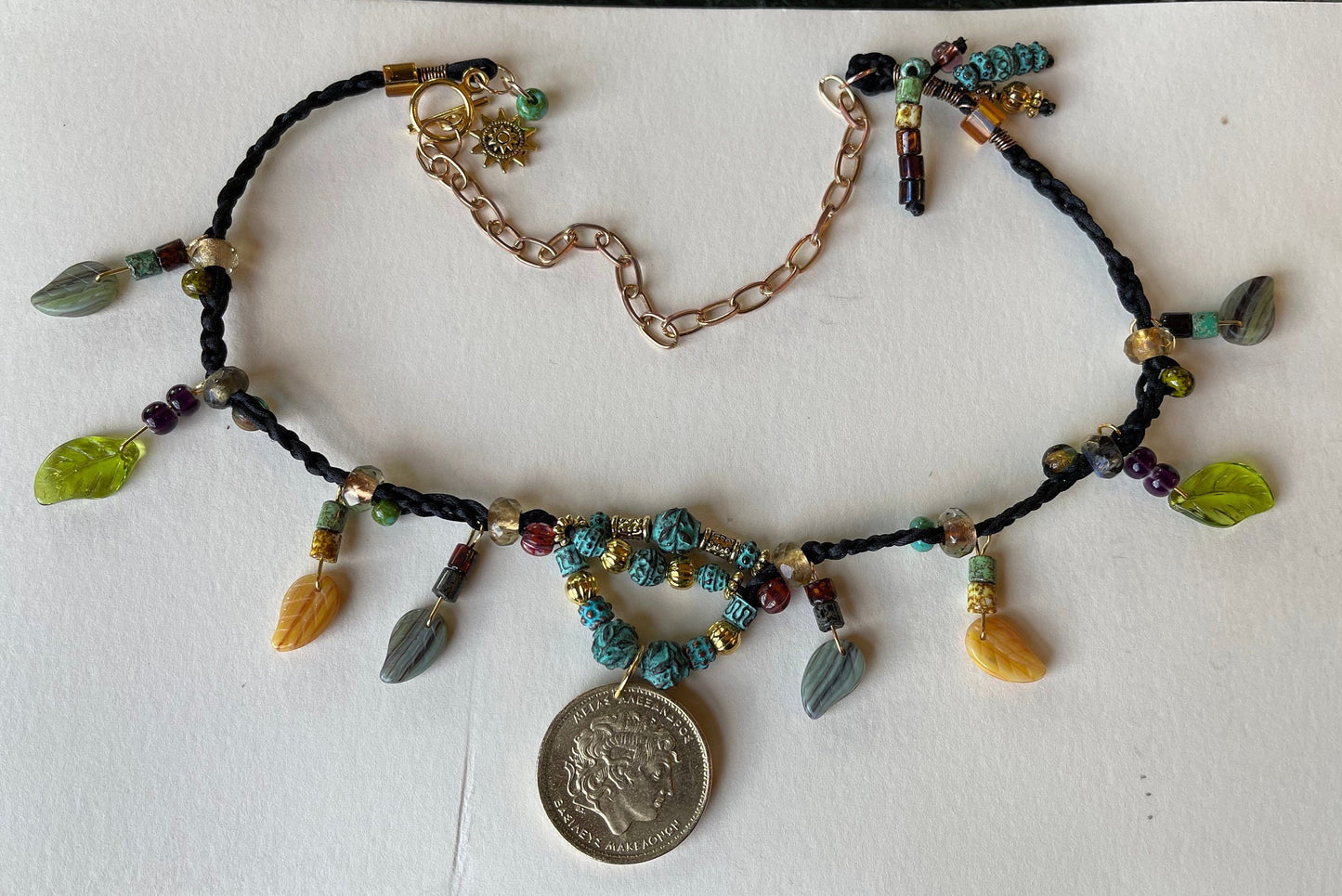 Alexander the Great genuine Greek coin pendant necklace, Czech glass leaves, copper beads (green patina) fire polished crystal, toggle clasp