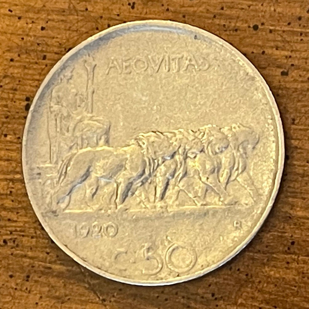 Goddess Aequitas in 4-Lion Chariot 50 Centesimi Italy Authentic Coin Money for Jewelry (King Vittorio Emanuele III) (Goddess of Equity)