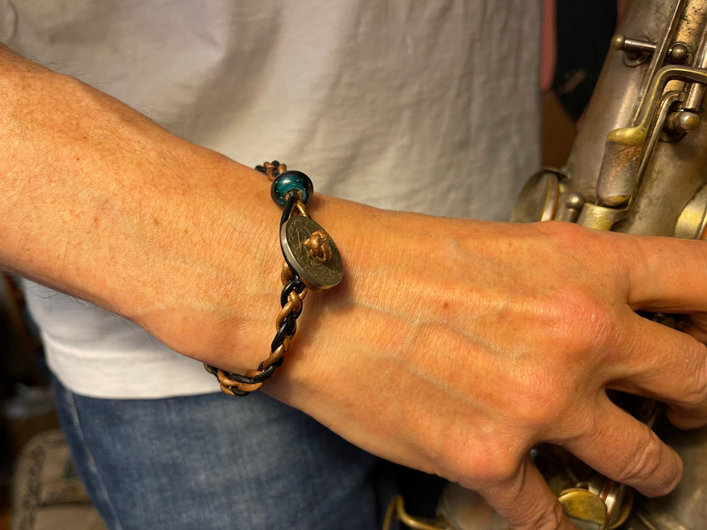 Fathers Day braided leather genuine world coin charm (ten centime French coin) bracelet Czech glass