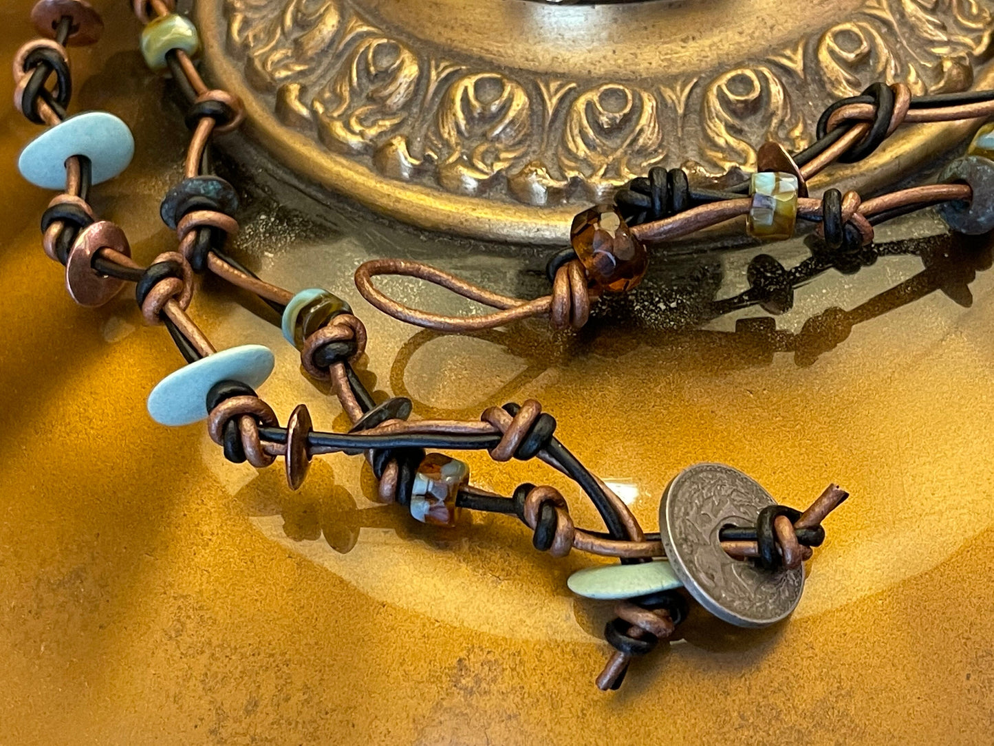 Unisex handcrafted two-strand leather bracelet + necklace set with genuine 1930's French and Belgian coins and stylish beads