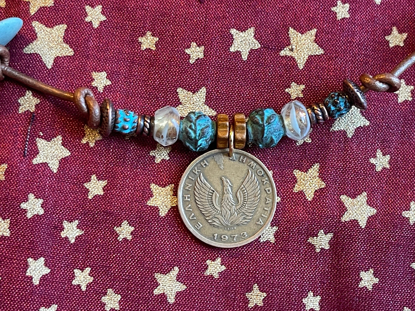 Owl of Athena authentic Greek coin pendant necklace, Czech fire polished crystal, copper beads (green patina), genuine leather, toggle clasp