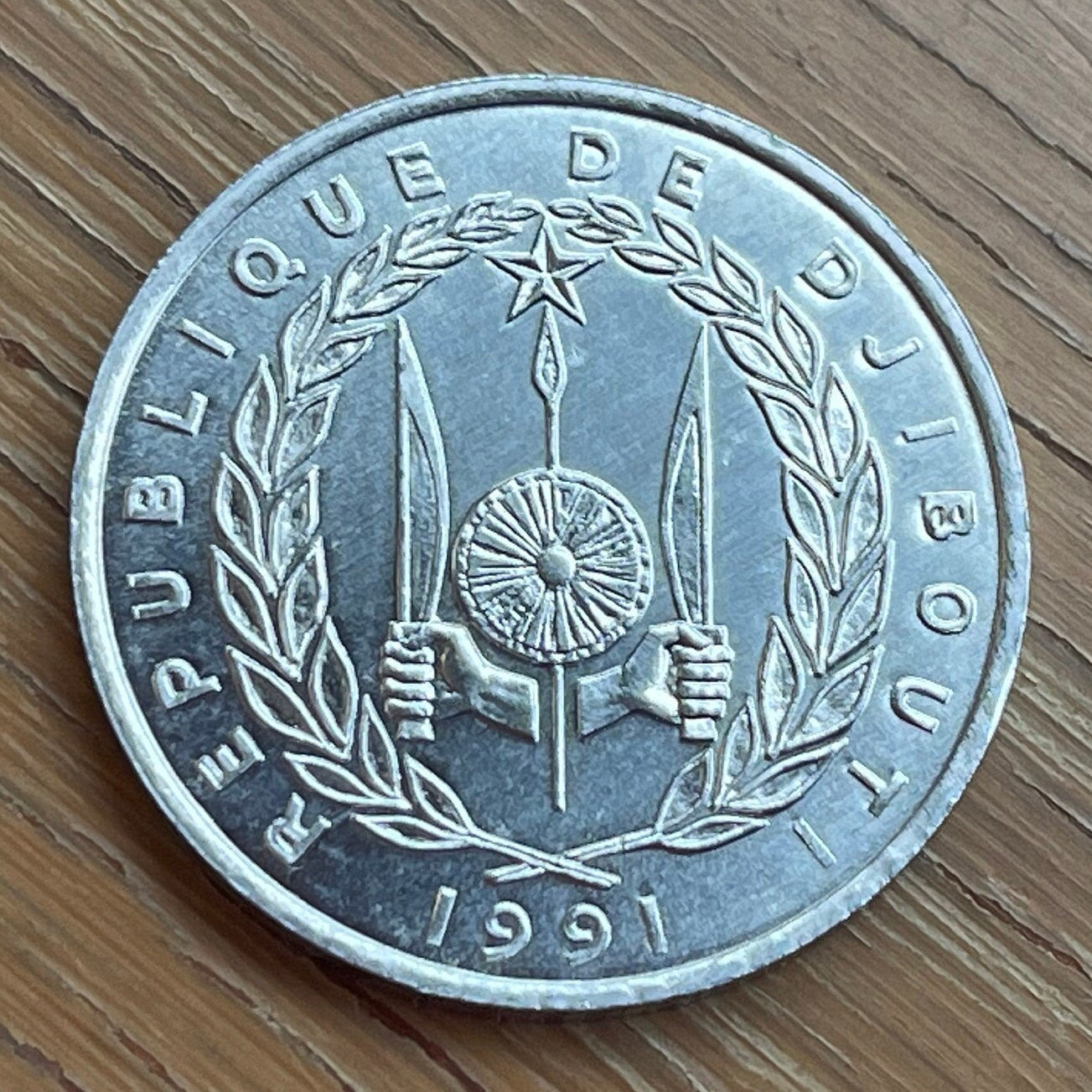 Nile Lechwe Antelope & Jile Daggers of Afar and Issa Tribes 5 Francs Djibouti Authentic Coin Money for Jewelry (Unity Equality Peace)