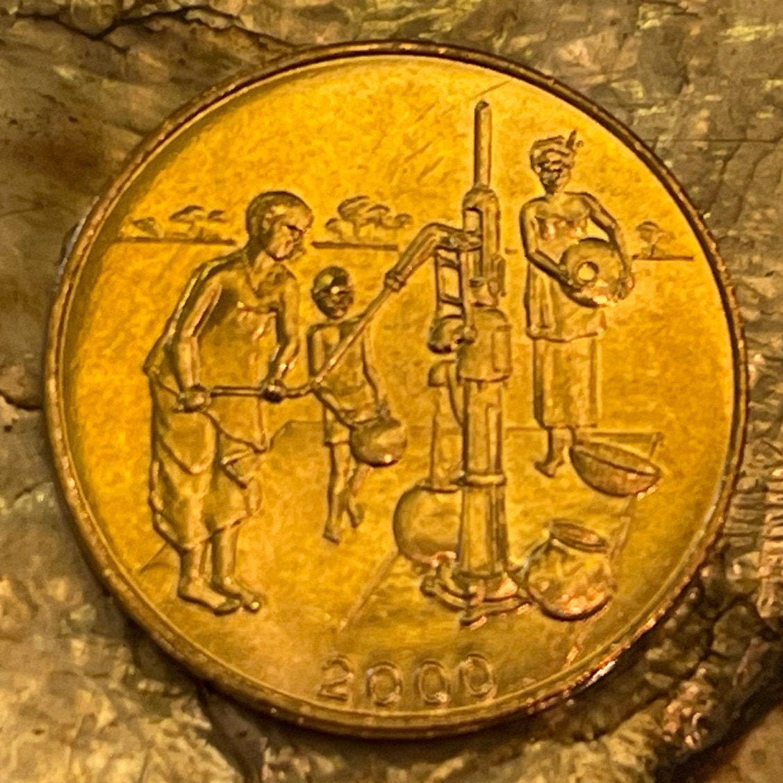 Human Right to Water: Women at Hand-Pump Well & Akan Sawfish Goldweight 10 CFA Francs West African States Authentic Coin Money for Jewelry