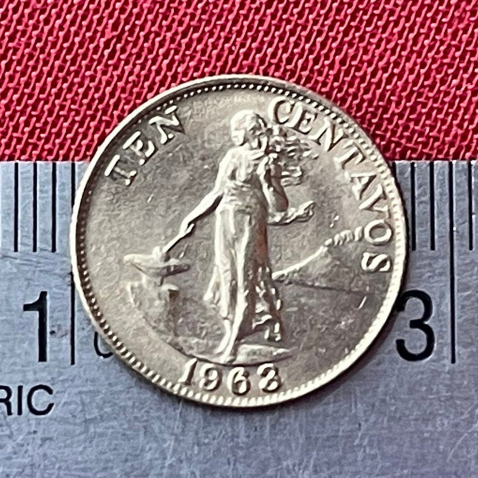 Lady Liberty Hammering Anvil at Mayon Volcano 10 Centavos Philippines Authentic Coin Money for Jewelry and Craft Making (Colonialism)