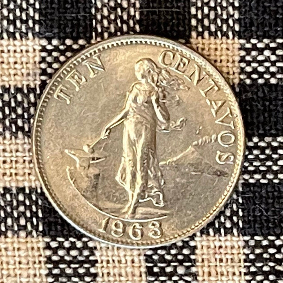 Lady Liberty Hammering Anvil at Mayon Volcano 10 Centavos Philippines Authentic Coin Money for Jewelry and Craft Making (Colonialism)