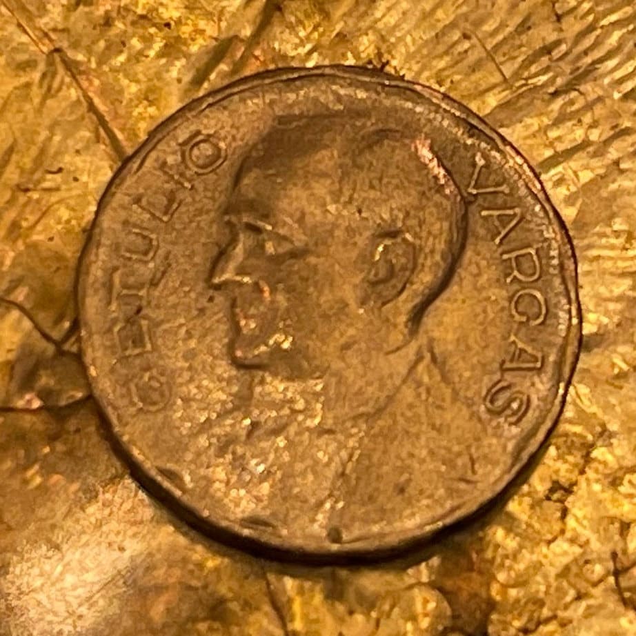 Getúlio Vargas & Marajoara Motif 100 Reis Brazil Authentic Coin Money for Jewelry (Father of the Poor) (Pre-Columbian) (Indented) (Populist)