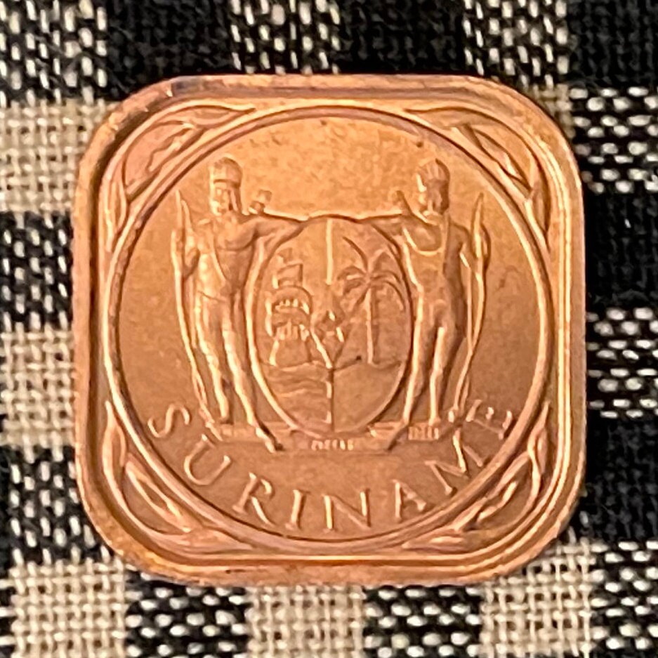 Colonial Trade Ship, Arawak Indigenous Men, Royal Palm 5 Cents Suriname Authentic Square Coin Money for Jewelry (Colonialism)