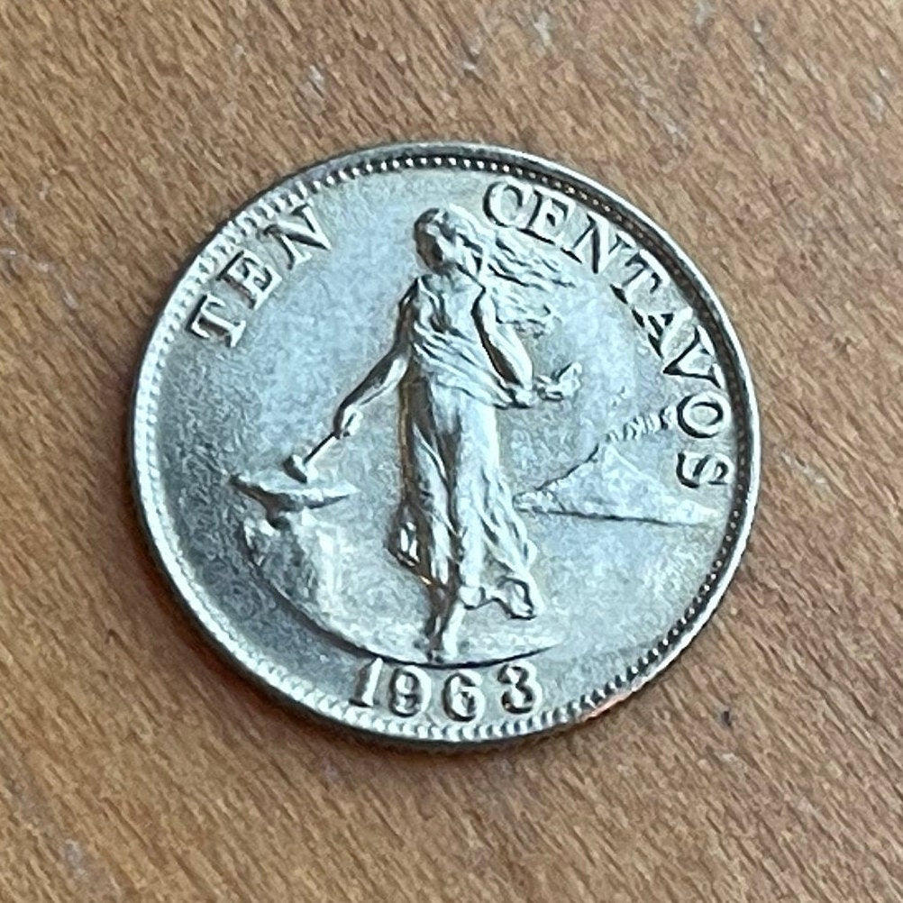 Lady Liberty Hammering Anvil at Mayon Volcano 10 Centavos Philippines Authentic Coin Money for Jewelry and Craft Making (Colonialism)