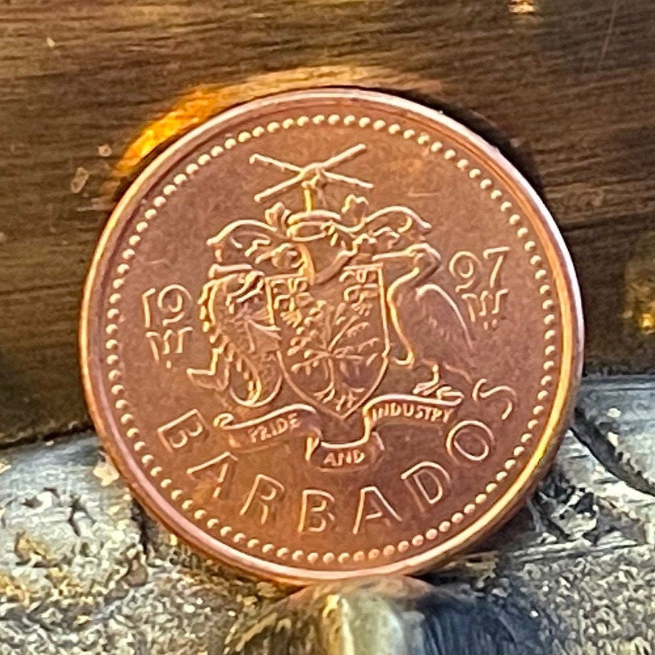 Trident of Poseidon 1 Cent Barbados Authentic Coin Money for Jewelry and Craft Making (Broken Trident) (Seaweed) (Democracy)