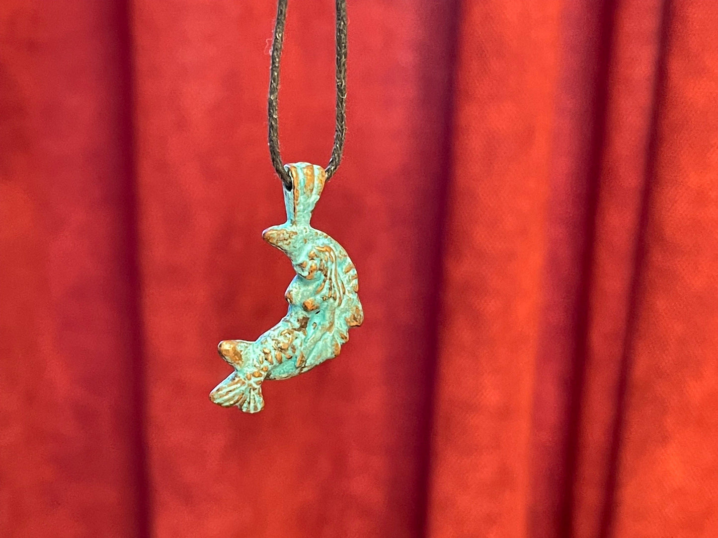 Mermaid on the Moon Pendant Charm– artistic figurine, green copper patina – crescent man in the moon smiling face - beach, seashore jewelry