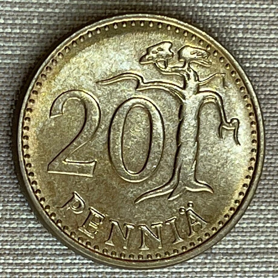 Stylized Tree & Rampant Lion 20 Penniä Finland Authentic Coin Money for Jewelry and Craft Making