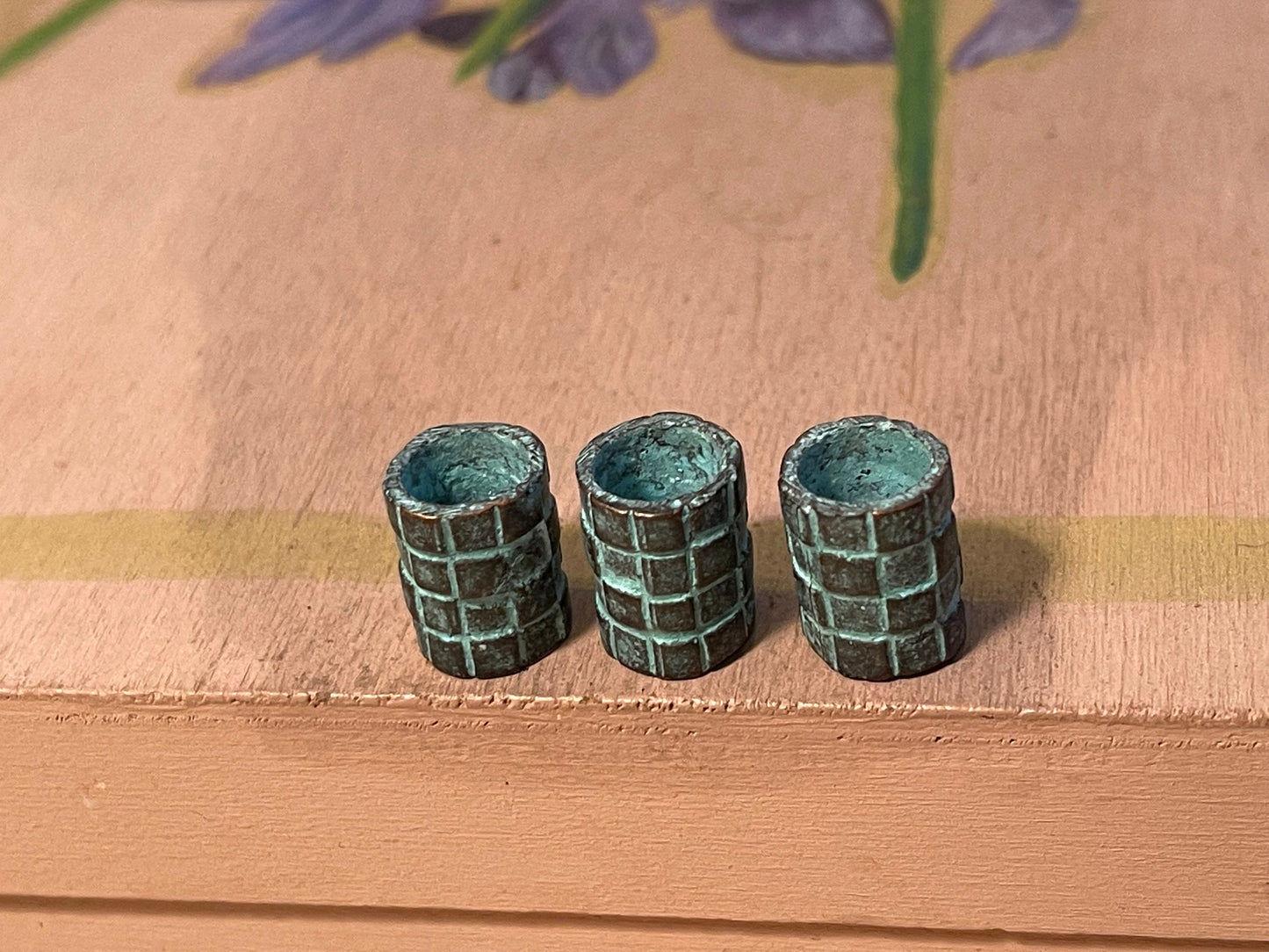 Big hole tube Beads - checkered barrel relief design (lot of 2 or 6) large copper plated green patina findings handcrafted in Mykonos Greece