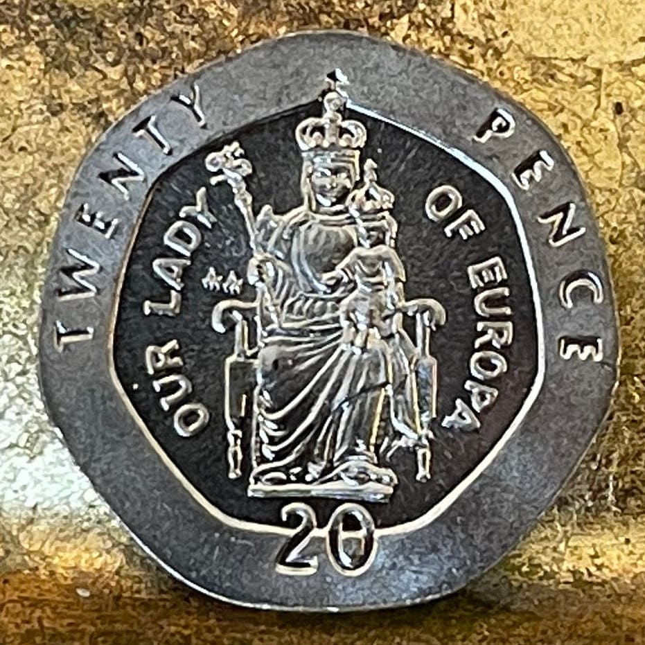 Our Lady of Europa with Crowned Christ Child 20 Pence Gibraltar Authentic Coin Money for Jewelry (Virgin Mary) (Heptagonal Coin) (Easter)