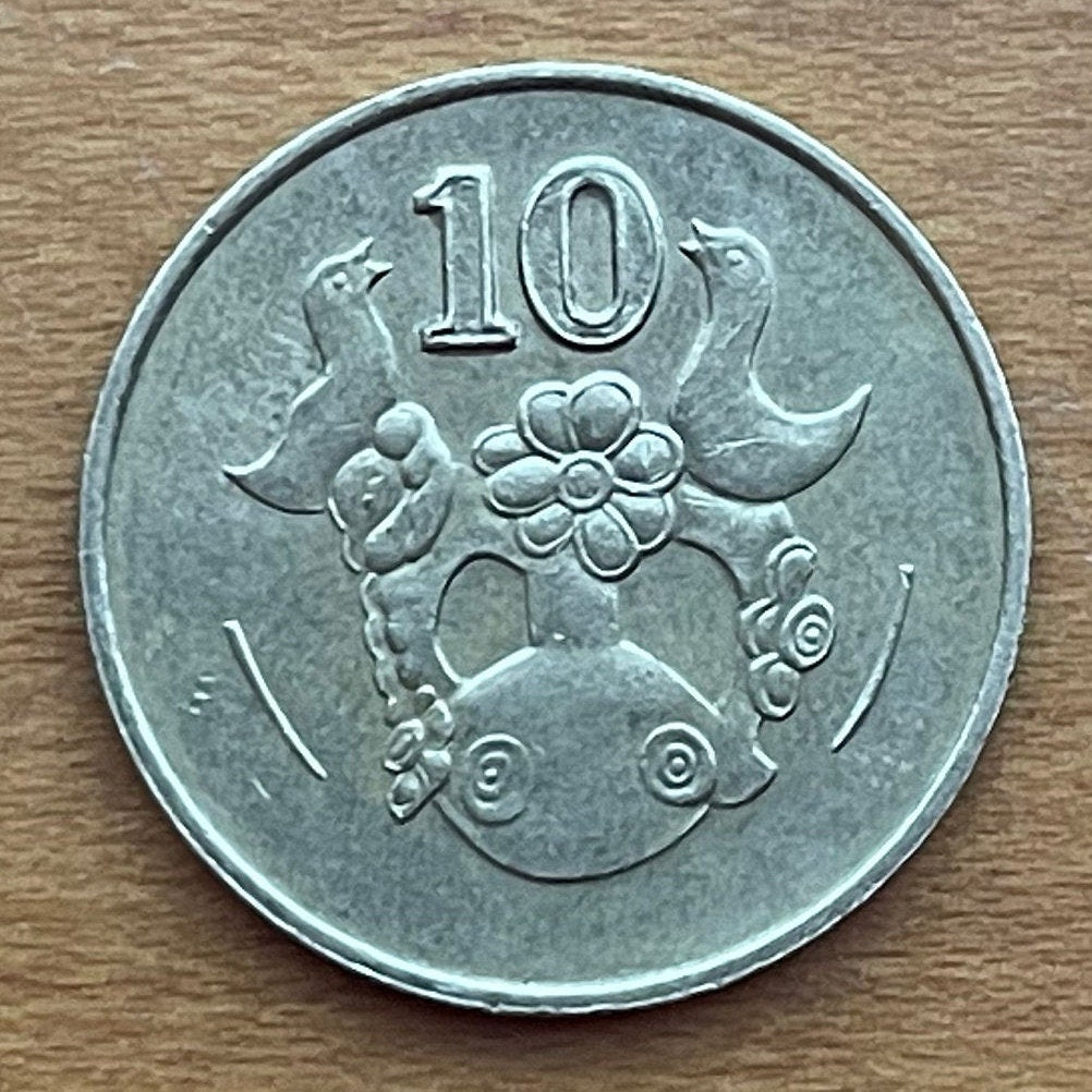 Bird Flower Vase of Phini & Dove w/Olive Branch 10 Cents Cyprus Authentic Coin Money for Jewelry (Traditional Pottery) (Noah's Ark) (1983)