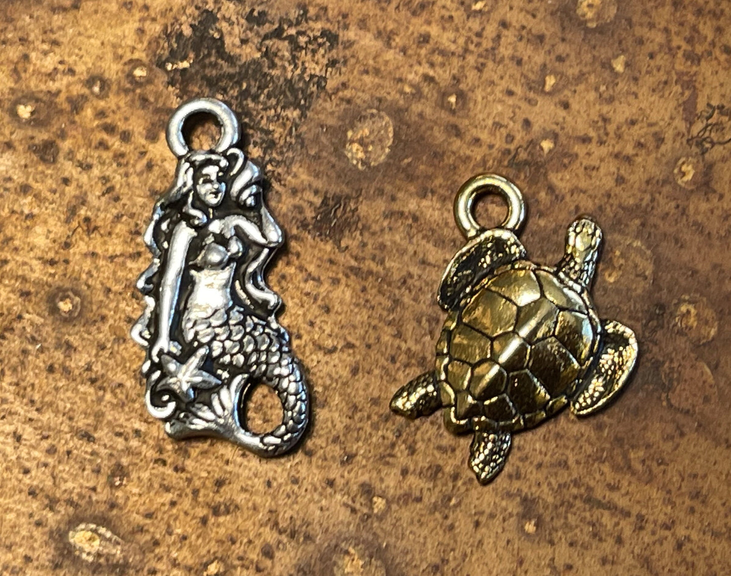 Mermaid and sea turtle Tierracast charm set–choice or both–silver or gold plated pewter–beautiful premium charms, pendants for jewelry