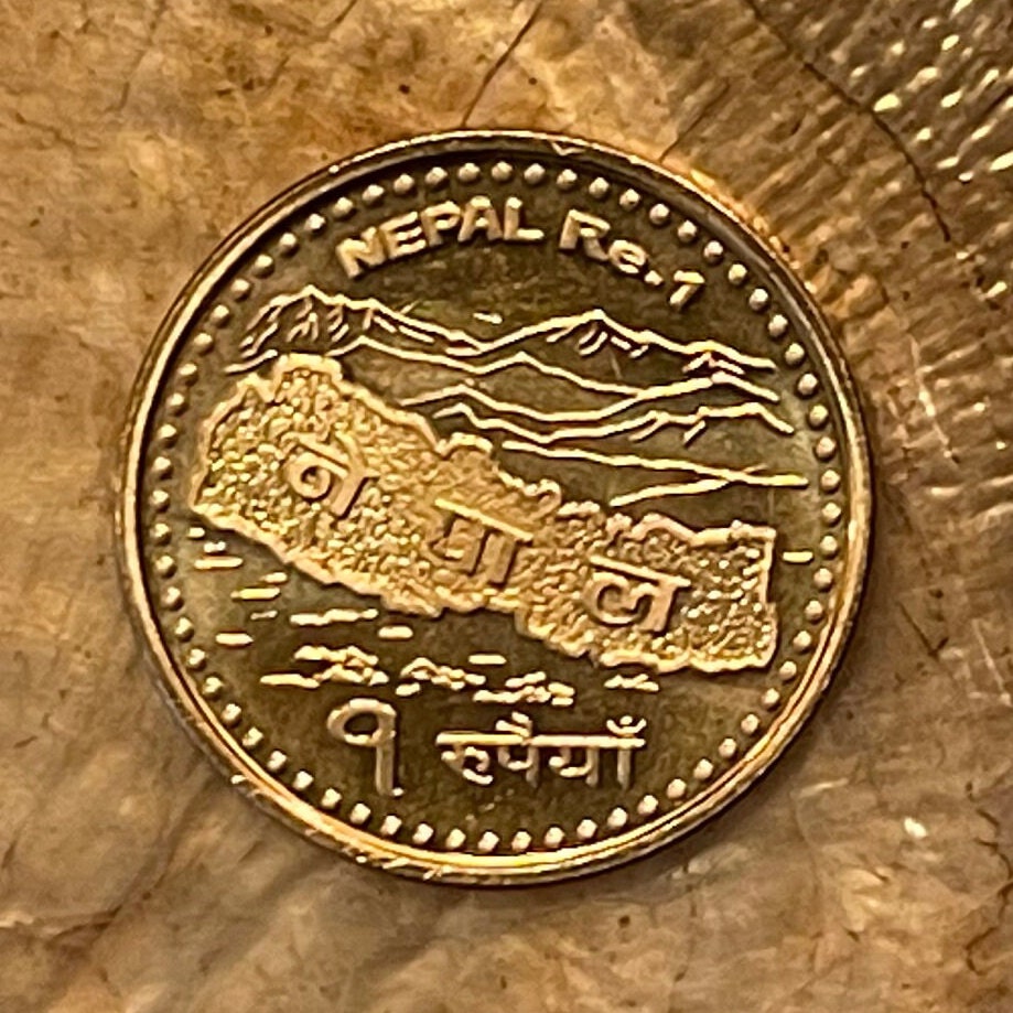 Mount Everest Sagarmatha & Nepal Map 1 Rupee Nepal Authentic Coin Charm for Jewelry (Holy Mother Mountain) (Head in Great Blue Sky)