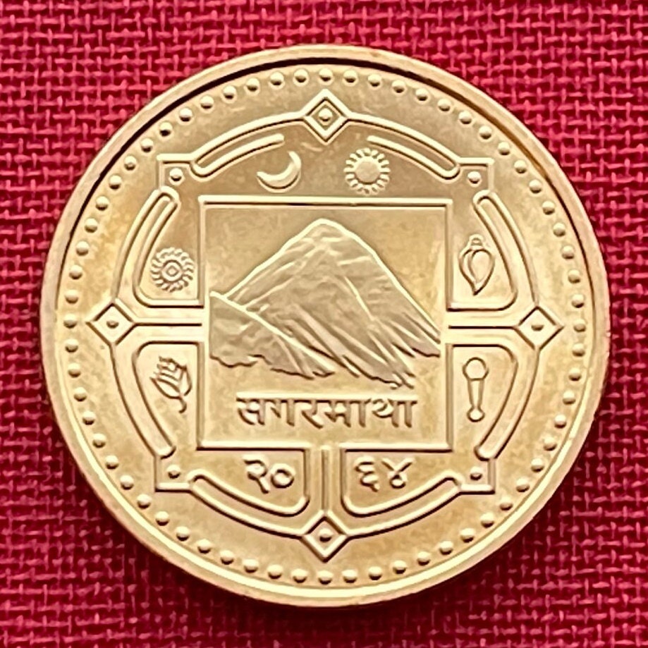 Mount Everest Sagarmatha & Nepal Map 1 Rupee Nepal Authentic Coin Charm for Jewelry (Holy Mother Mountain) (Head in Great Blue Sky)