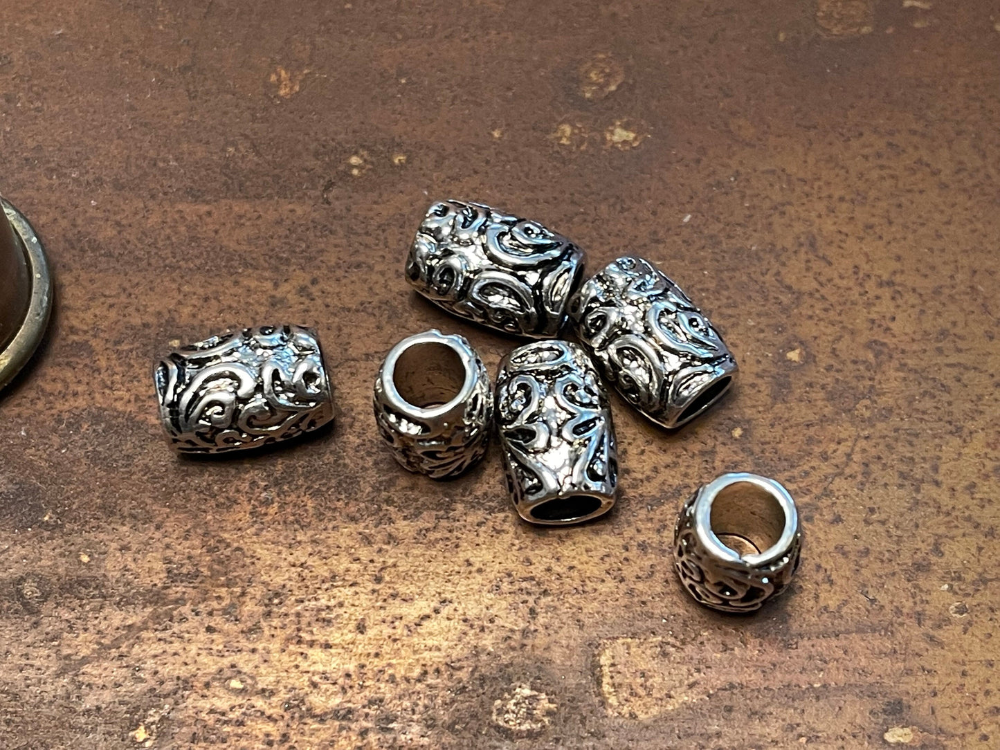 Bali Beads (BIG) baroque floral barrel design (lot of 6 or 12) – Repoussé-style jewelry supply–large 5mm hole spacer bead in antique silver