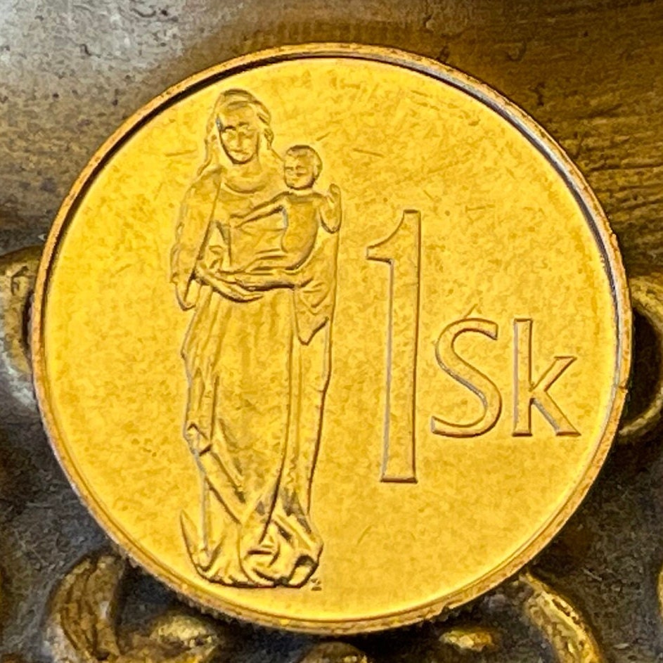 Madonna and Child 1 Koruna Slovak Republic Authentic Coin Money for Jewelry and Craft Making (Gothic Wooden Statue) Slovak National Gallery
