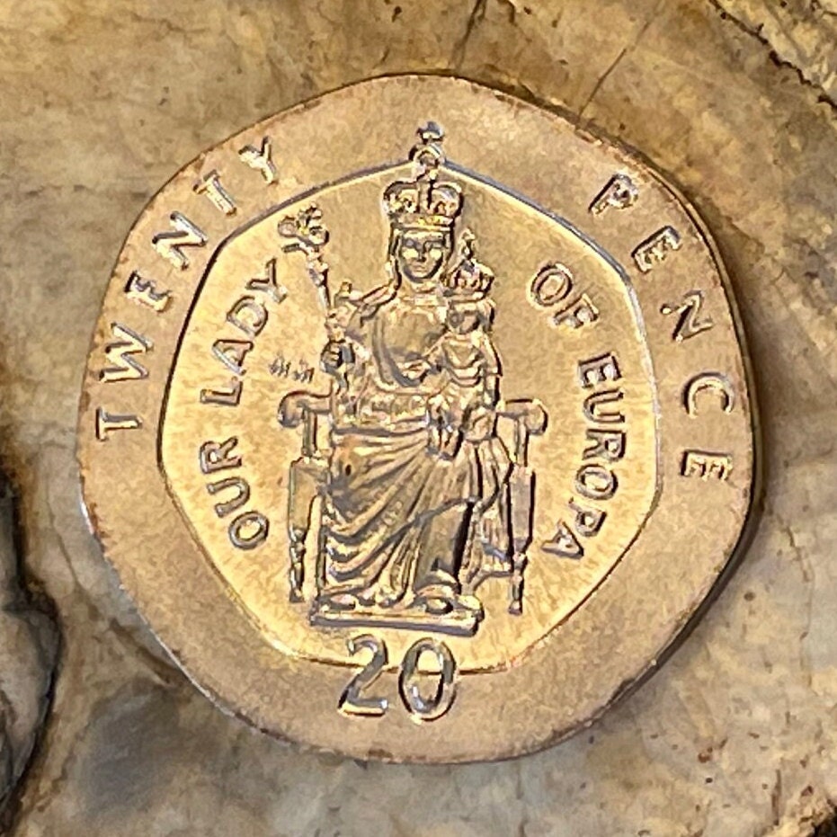Our Lady of Europa with Crowned Christ Child 20 Pence Gibraltar Authentic Coin Money for Jewelry (Virgin Mary) (Heptagonal Coin) (Easter)