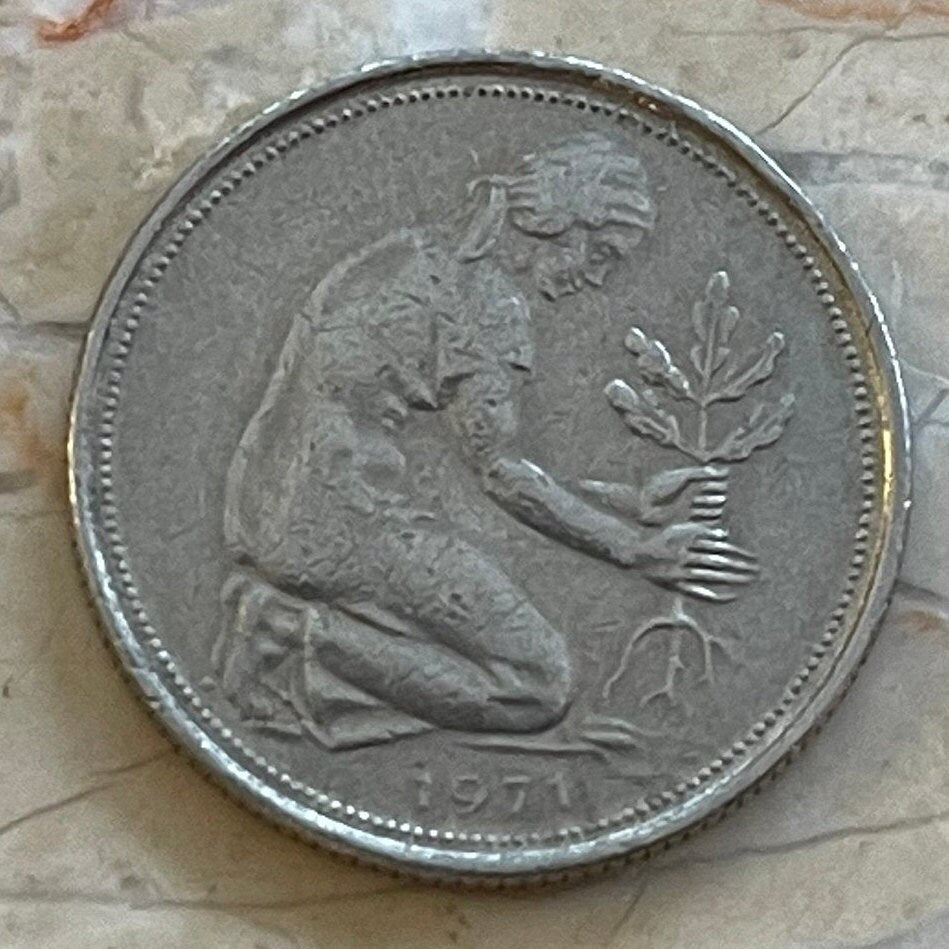 Trümmerfrau Plants Oak Seedling 50 Pfennig Germany Authentic Coin Money for Jewelry (Rubble Woman) (Post War Rebirth) Used: XFine