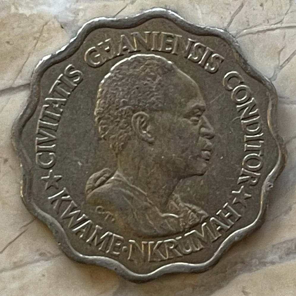 Kwame Nkrumah & Black Star of Africa 5 Pesewas Ghana Authentic Coin Charm for Jewelry (Scalloped Coin) (Superstar) Used: XFine-AU