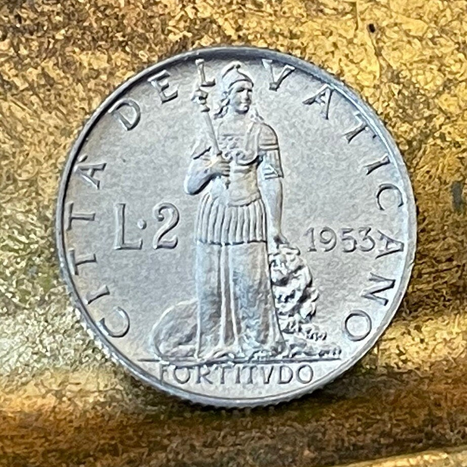 Cardinal Virtue Fortitude 2 Lire Vatican City Authentic Coin Money for Jewelry and Craft Making (Pope Pius XII)