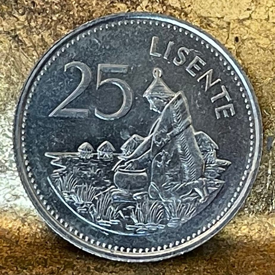 Mokorotlo Hat-wearing Woman weaves Basotho Basket & King Moshoeshoe II 25 Lisente Lesotho Authentic Coin Money for Jewelry and Craft Making