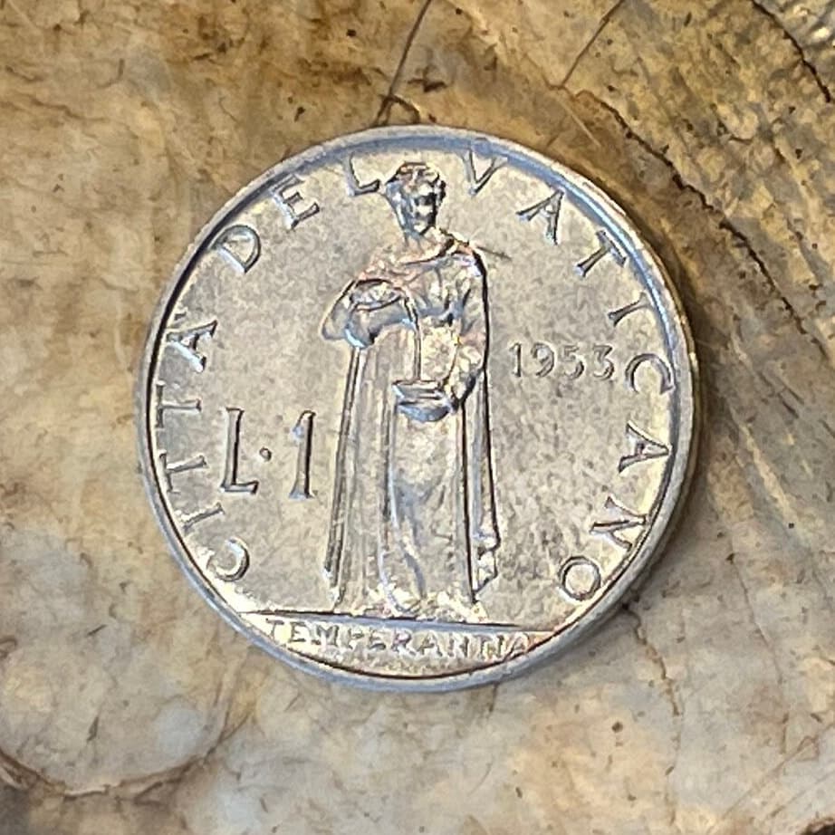 Cardinal Virtue Temperance 1 Lira Vatican City Authentic Coin Money for Jewelry and Craft Making (Pope Pius XII) (Temperantia) (Keep Calm)