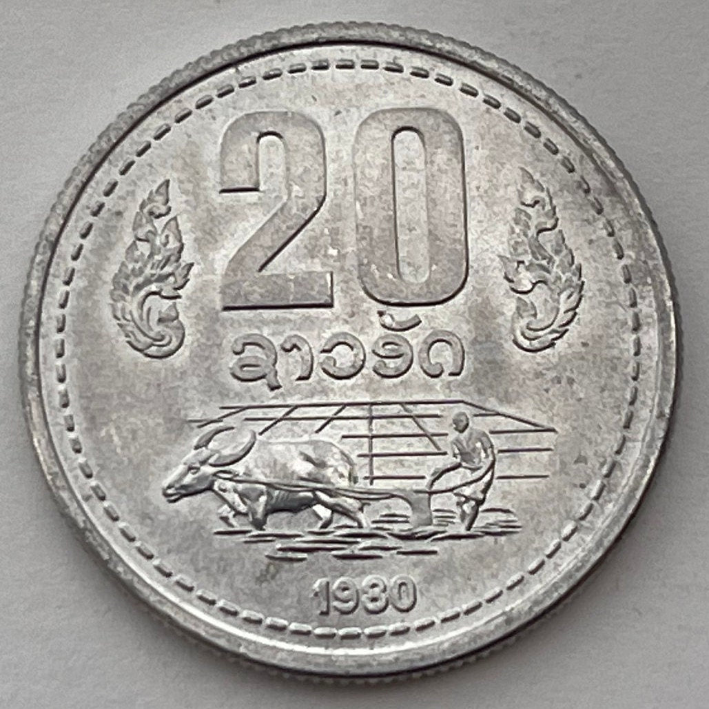 Water Buffalo Pulls Plough in Rice Paddy 20 Att Laos Authentic Coin Money for Jewelry and Craft Making (Taurus)
