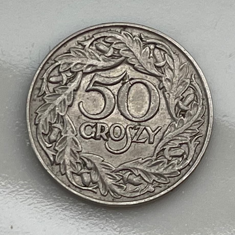 Crowned White Eagle 1923 50 Groszy Poland Authentic Coin Money for Jewelry and Craft Making (Second Polish Republic)