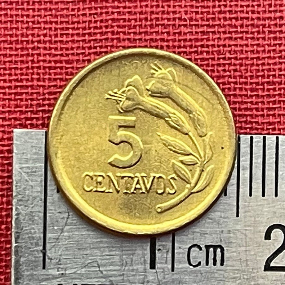 Cinchona Quinine Flower 5 Centavos Peru Authentic Coin Money for Jewelry (Malaria) (Medicinal) (Get Well Soon) (Curative) (Tonic Water)