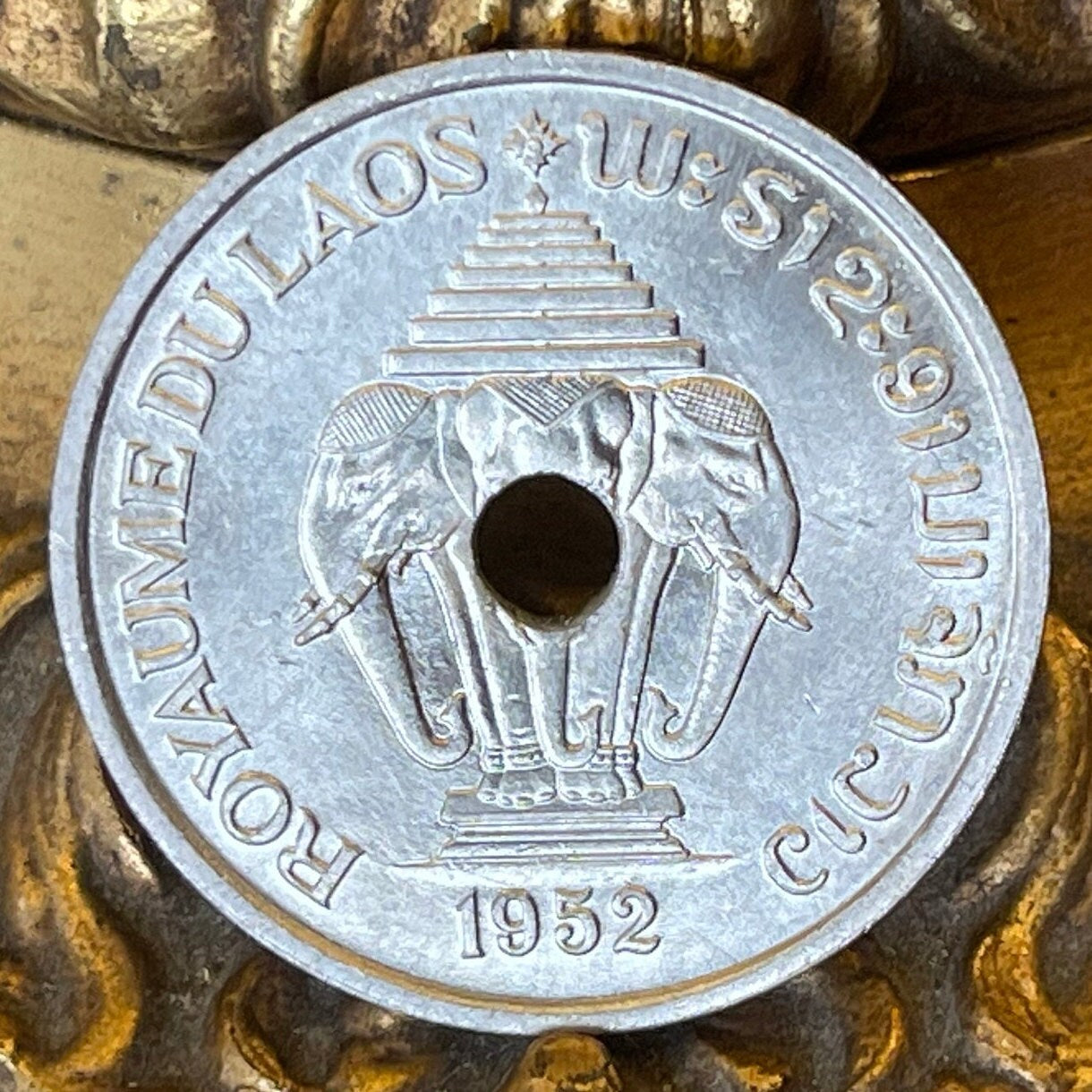Airavata the 3-Headed White Elephant King 20 Cents Laos Authentic Coin Money for Jewelry (Lotus) (Hole in Coin) (1952) (7-Folded Umbrella)