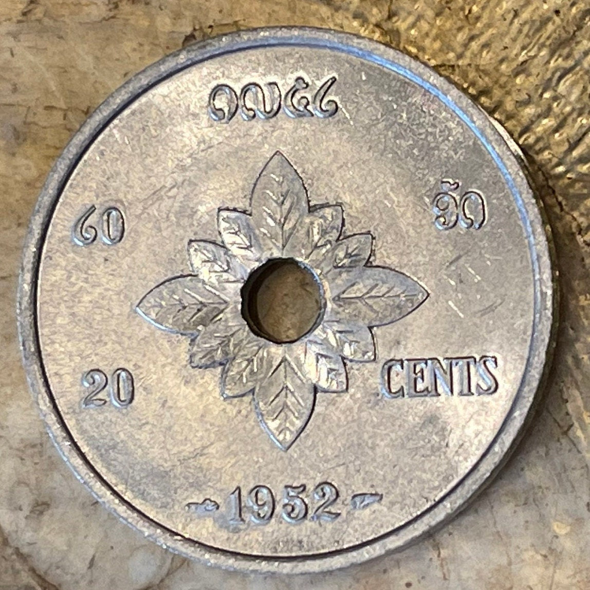 Airavata the 3-Headed White Elephant King 20 Cents Laos Authentic Coin Money for Jewelry (Lotus) (Hole in Coin) (1952) (7-Folded Umbrella)