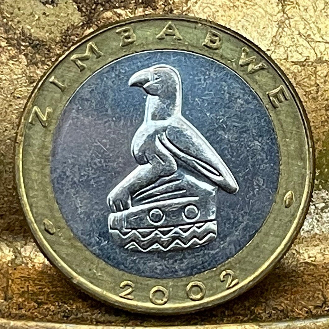 Black Rhinoceros & Great Zimbabwe Bird 5 Dollars Zimbabwe Authentic Coin Money for Jewelry and Craft Making (Bimetallic)