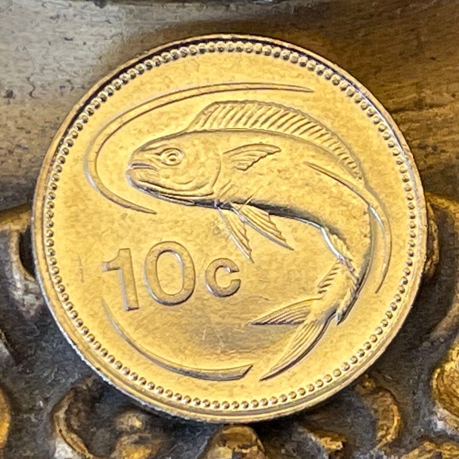 Mahi-mahi 10 Cents Malta Authentic Coin Money for Jewelry and Craft Making (Dolphinfish) (Lampuki) (Lampuka) (Dorado)