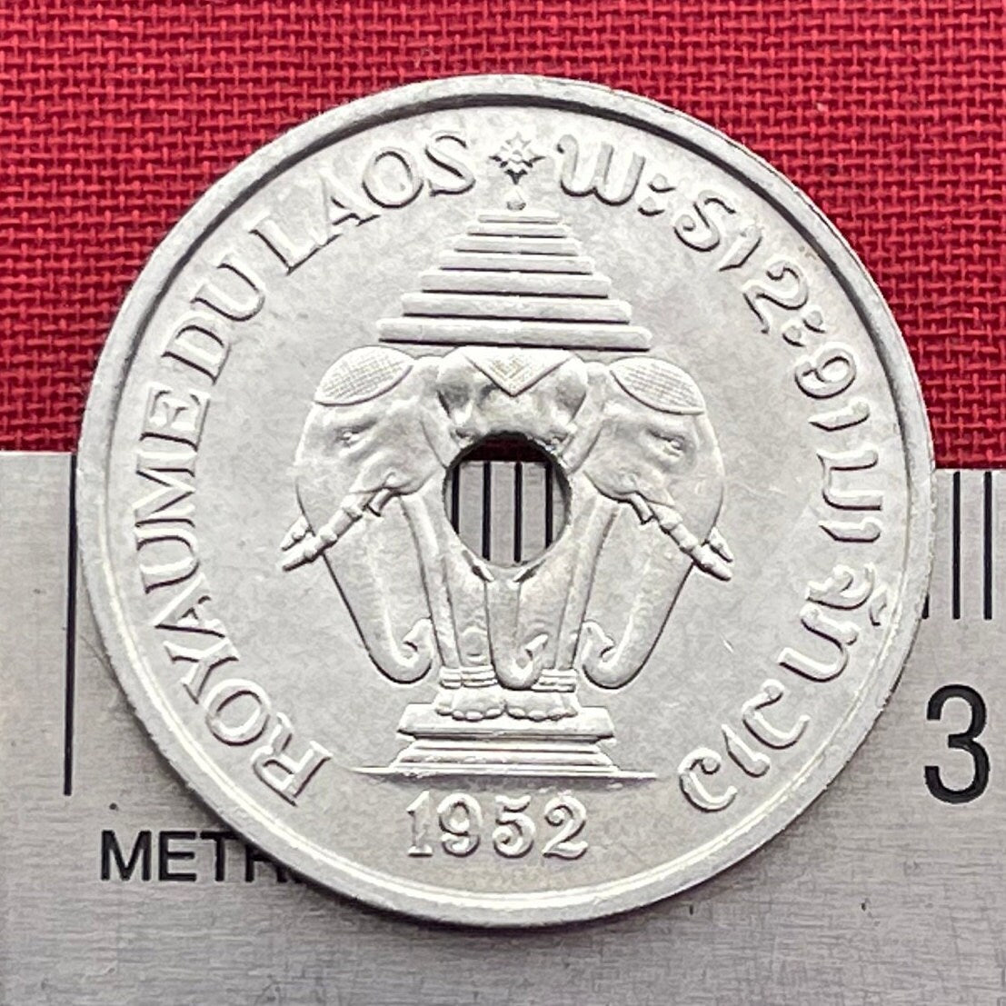 Airavata the 3-Headed White Elephant King 20 Cents Laos Authentic Coin Money for Jewelry (Lotus) (Hole in Coin) (1952) (7-Folded Umbrella)
