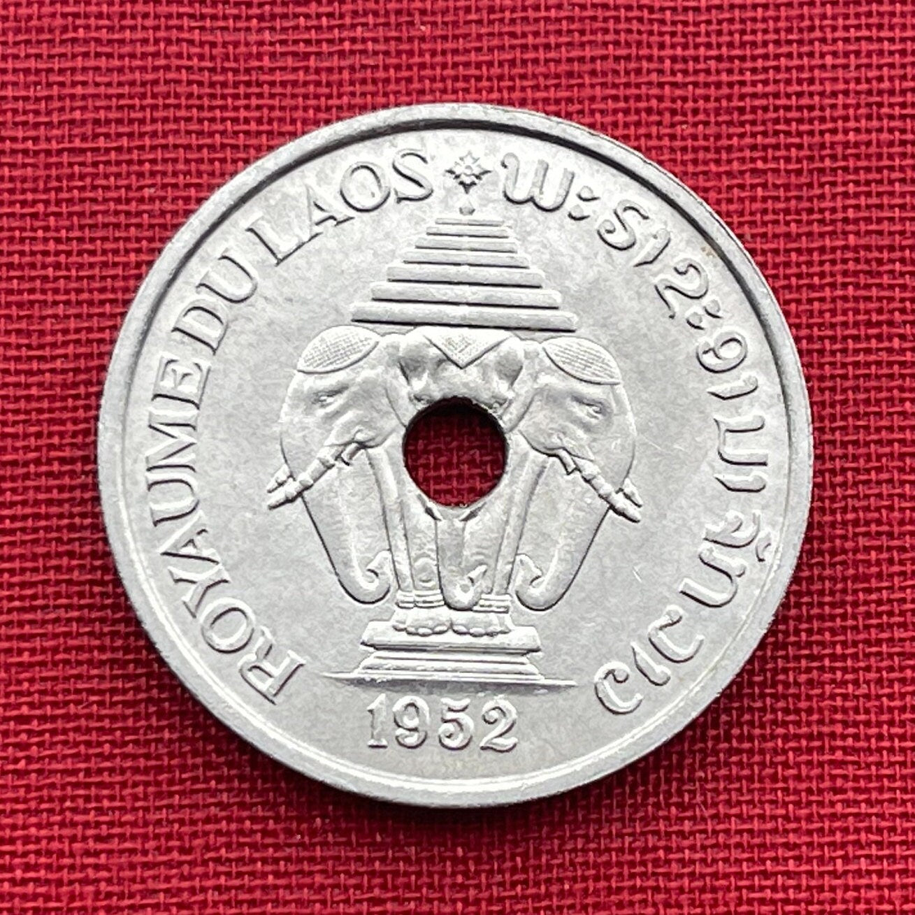 Airavata the 3-Headed White Elephant King 20 Cents Laos Authentic Coin Money for Jewelry (Lotus) (Hole in Coin) (1952) (7-Folded Umbrella)