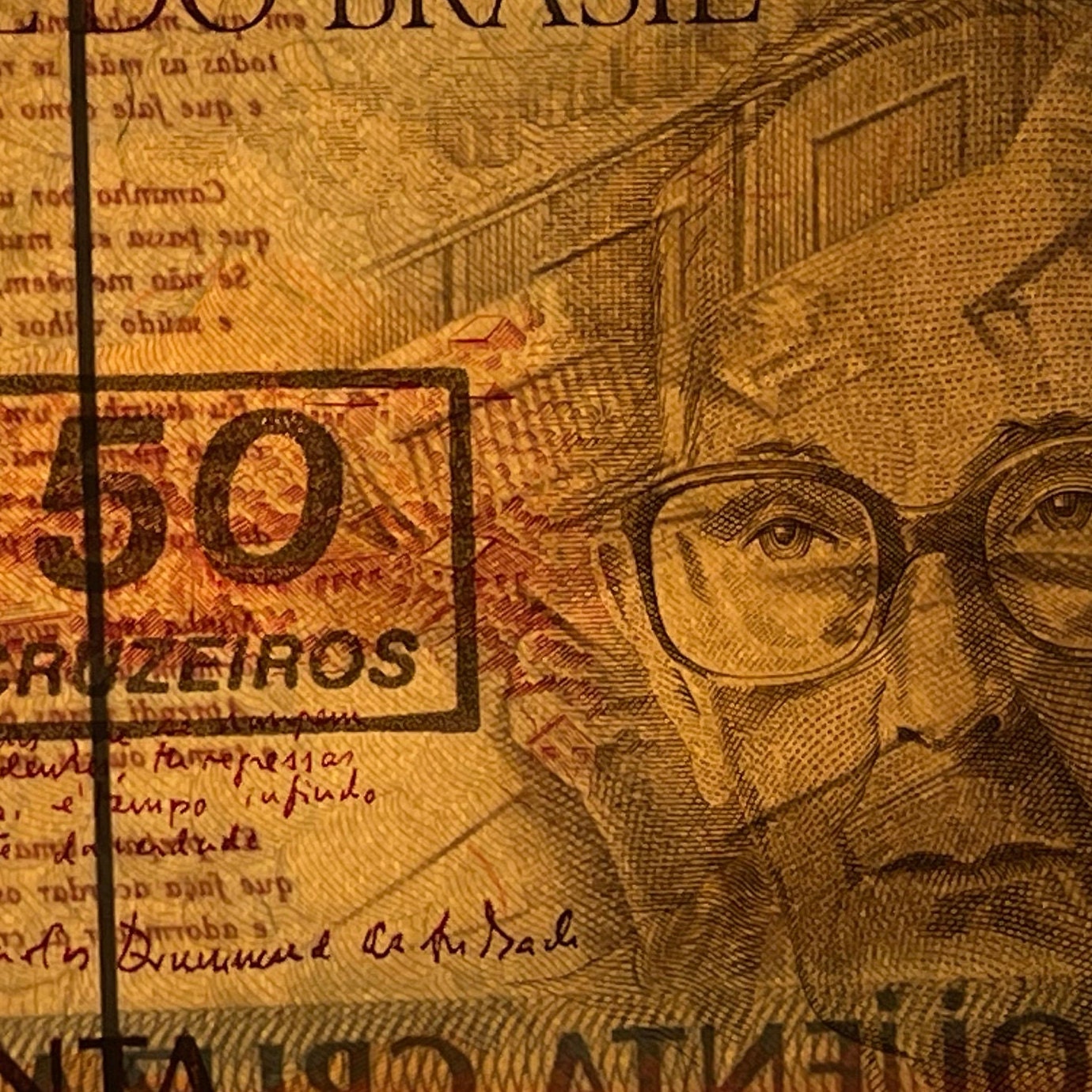Poet Carlos Drummond de Andrade 50 Cruzieros Brazil Authentic Banknote Money for Jewelry and Craft Making (Writing Desk) (Poetry) (1990)